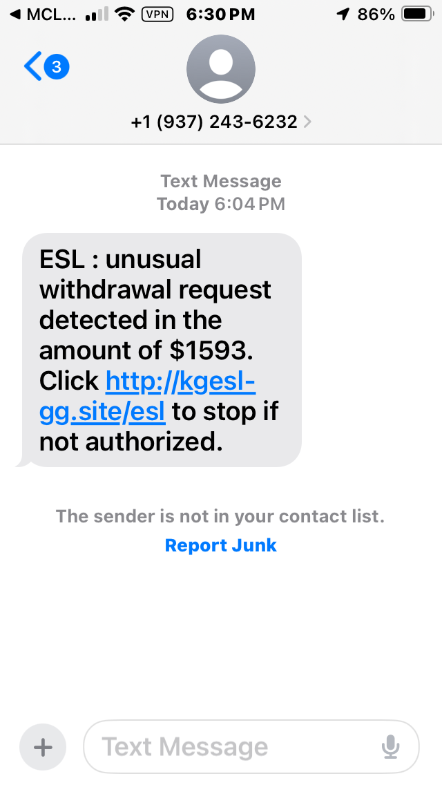 example of phishing text: Unusual withdrawl notification with fraudulent link