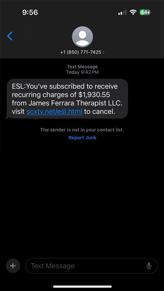 example of phishing text: recurring chanrge notification with fraudulent link