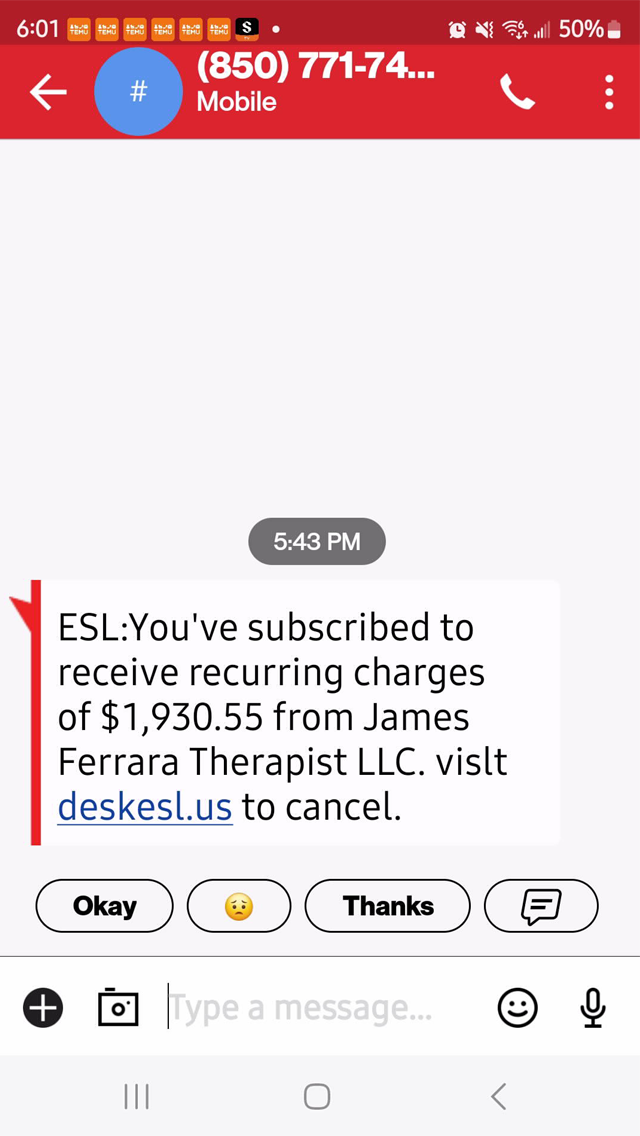 example of phishing text: recurring charge notification with fraudulent link