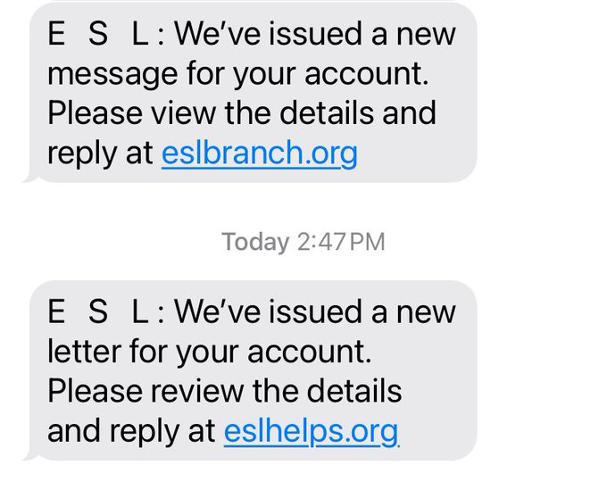 examples of phishing texts with fraudulent links to eslbranch.org and eslhelps.org