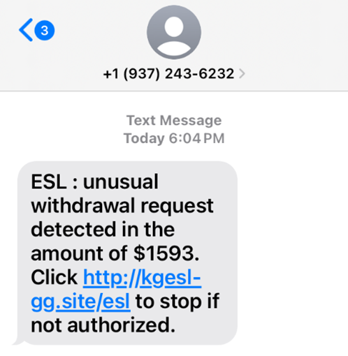 example of phishing text: unusual withdrawl notification with fraudulent link