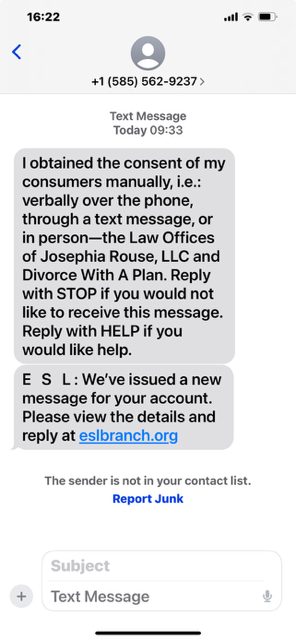 example of phishing text with fraudulent link to eslbranch.org