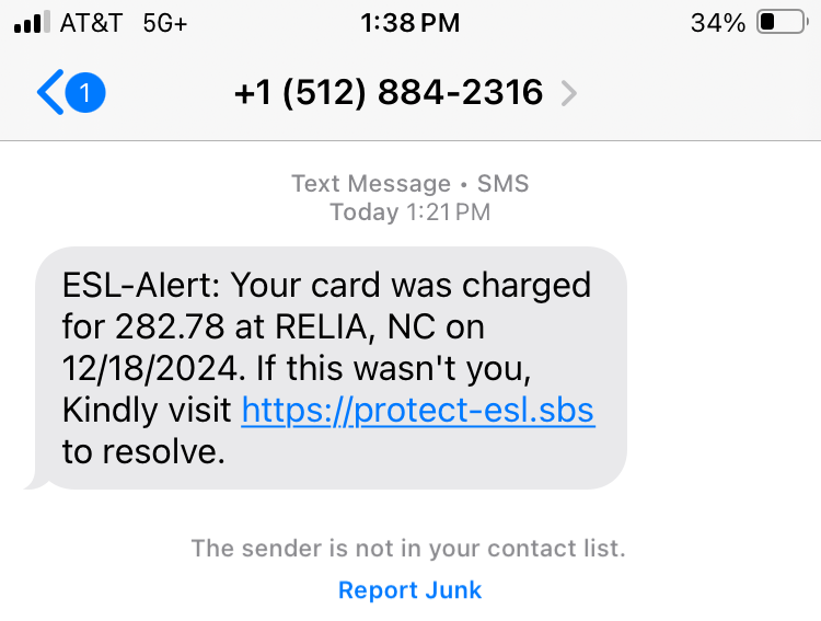 example of phishing text about a fake charge with fraudulent link.