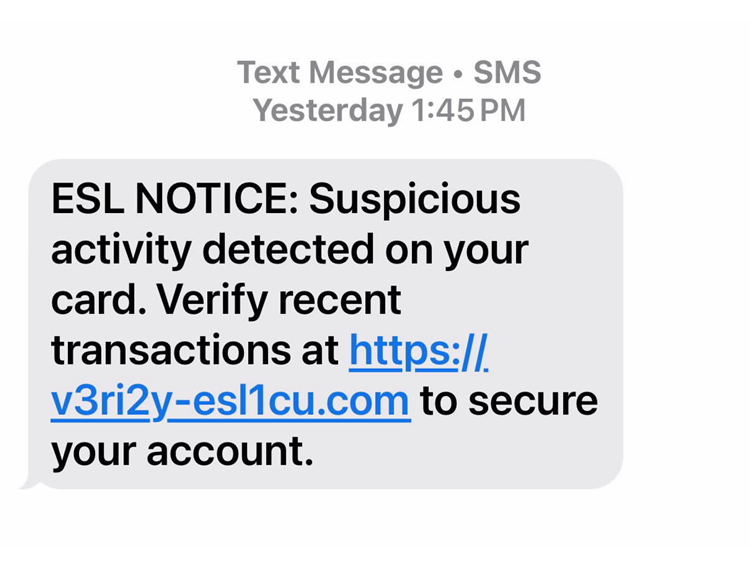 example of phishing text about suspicious activity on your account with fraudulent link.