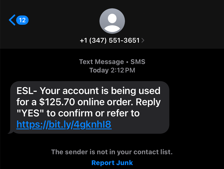 example of phishing text about a fake charge with fraudulent link.