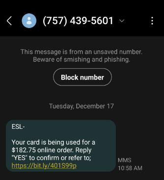 example of phishing text about a fake online charge with fraudulent link.