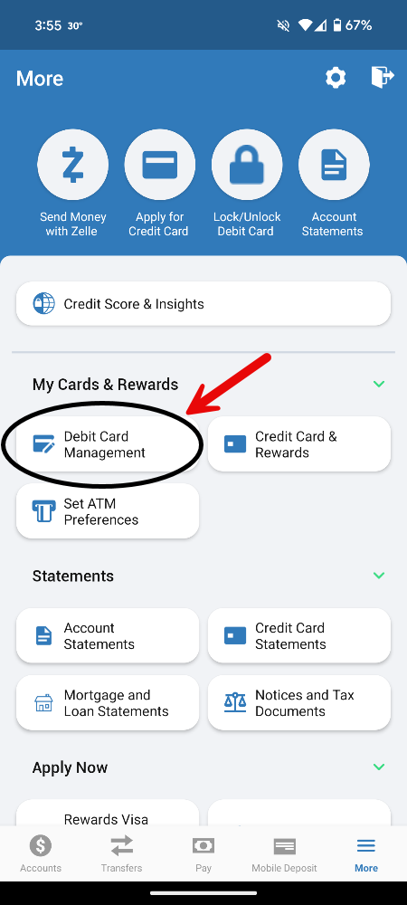 Screen shot of ESL mobile banking More Menu Screen with Debit Card Management button circled