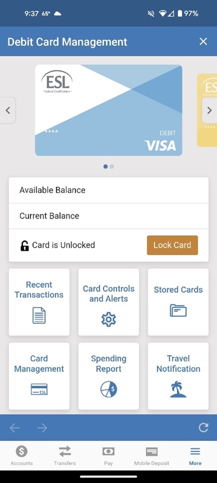 Screen shot of ESL mobile banking Debit Card Management main screen.