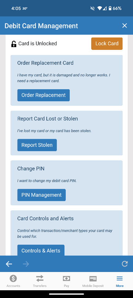 Screen shot of ESL mobile banking Debit Card Management Card Management screen.